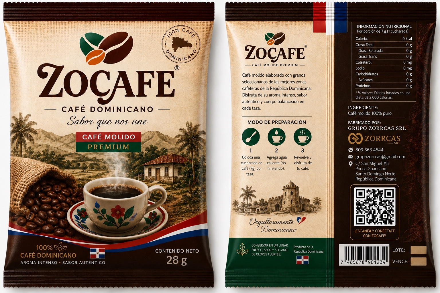 Empaque individual de Zocafé de 28 gramos, vista frontal y posterior